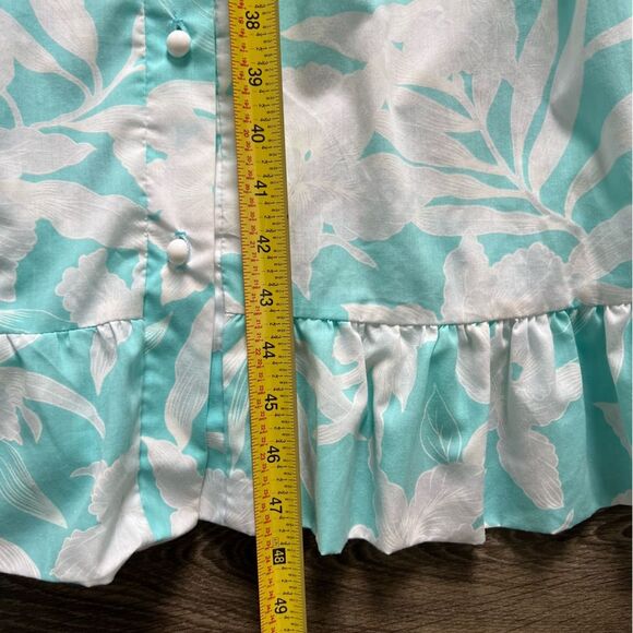 Hilo Hattie Vtg Floral Puff Short Sleeve Ruffle Hem Midi Dress Blue White size L - Picture 8 of 8